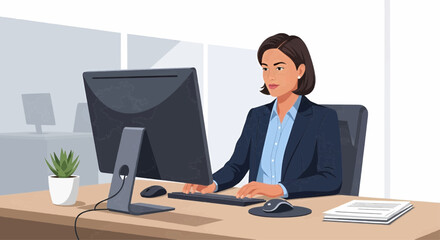 Naklejka premium Vector illustration of a career woman sitting at an office desk with a computer, professional modern style