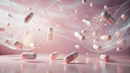 Pink Capsules Floating in a Soft, Shimmering Veil A Visual Representation of Health and Wellness