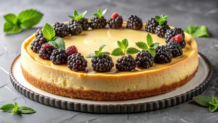A delectable creamy cheesecake, adorned with a vibrant ring of fresh blackberries and raspberries, accented by delicate sprigs of mint, rests on a simple yet elegant serving plate.