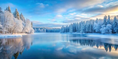 Serene Winter Wonderland A Frozen Lake Reflecting Snow-Covered Trees Under a Stunning Sky