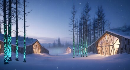 Nighttime Winter Scene with Illuminated Geodesic Domes and Frosty Forest Landscape in Snowy Environment