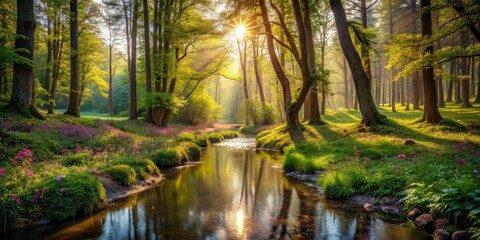 Serene Sunrise Illuminates a Tranquil Woodland Stream, Embraced by Lush Greenery and Delicate Blossoms