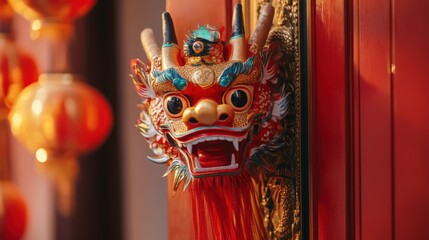 Obraz premium Chinese dragon mask on red temple door, festive lanterns in background