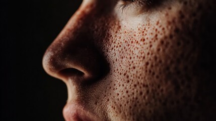 Obraz premium Close-up profile of freckled face, dark background