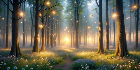 Enchanted Forest Path at Dawn Mystical Glow Illuminates a Tranquil Woodland Scene