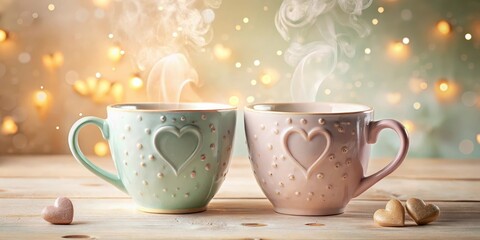 Warmth, Comfort, and Affection Two Steaming Heart-Shaped Mugs on Wooden Table with Festive Lights