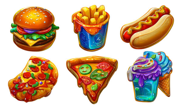 Colorful Glossy Fast Food Icons with Bright Background and Fun Style