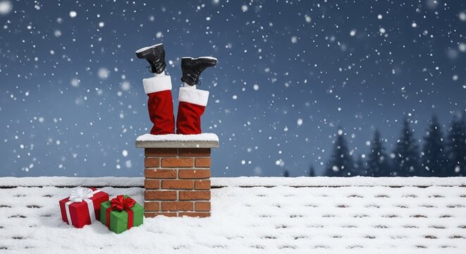 Santa Claus boots stuck in brick chimney on snowy rooftop with Christmas presents at night