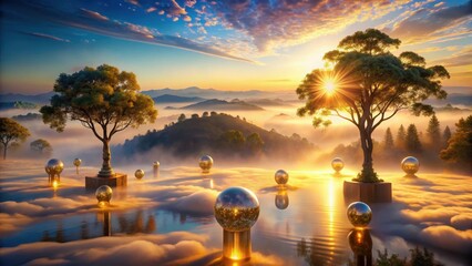 Serene Sunrise Golden Spheres Reflecting on a Misty Lake, Two Majestic Trees Basking in the Dawn's Golden Light, a Peaceful, Dreamlike Landscape