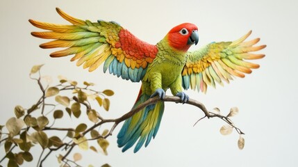 Fototapeta premium Colorful parrot in flight on branch against a plain background