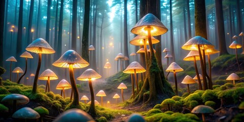 Enchanted Forest Path Illuminated by Glowing Mushroom Lamps A Mystical Night Scene