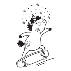 Cute unicorn on a skateboard coloring vector doodle illustration