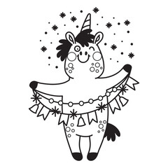 Cute unicorn with a Christmas garland coloring vector illustration