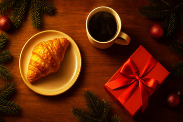 Festive holiday breakfast with croissant, coffee, and gift box