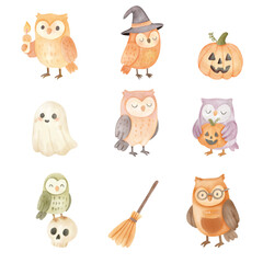 Halloween Owls Watercolor Clipart Set

