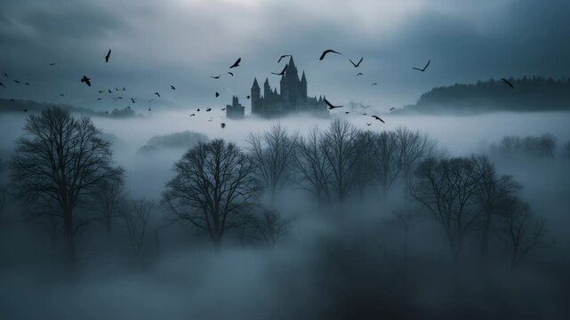 Crows flying above old dark castle with bare trees in foggy forest, spooky Halloween scene footage.