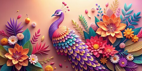 Obraz premium Vibrant Peacock and Paper Flower Arrangement A Colorful Botanical Illustration Featuring Intricate Details and Vivid Hues