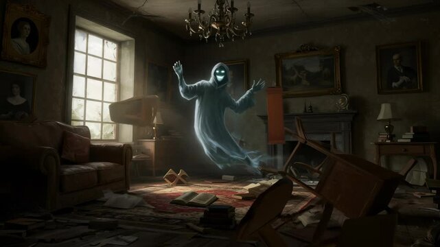 Angry ghost haunting a spooky old room, terrorizing the furniture, causing chaos and fear in a dark house animation.