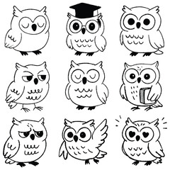 Cute doodle owls collection illustration set