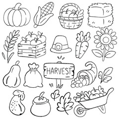 Harvest farm fruits and vegetables doodle set