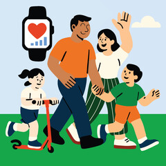 Happy family walking outdoor flat illustration