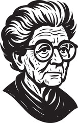 Woodcut portrait of an elderly woman with glasses exuding wisdom and character