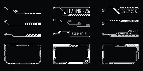 Naklejka na ściany i meble Sci-fi futuristic HUD dashboard display virtual reality technology screen. User Interface set. Statistics, Data information infographic. Vector graphic