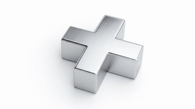 Shiny Metallic Cross Symbol on White Background.