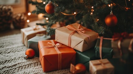Christmas gifts under a decorated tree