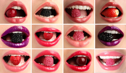 Women holding different berries and candies in mouth, closeup. Female lips with different shades of lipstick, collage