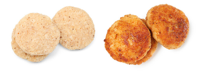 Meat patties isolated on white, collage. Raw and roasted cutlets