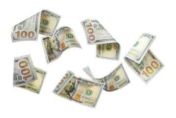 Dollar bills flying. Money in air against white background