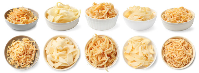 Dried squid. Tasty snacks on white background, collage. Top and side view