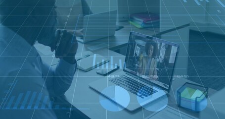 Joining online call man holding mug on laptop at desk, tracking data charts, copy space