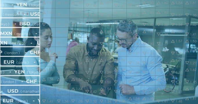 Discussing team in business attire analyzing financial data in office, monitor and currency rates