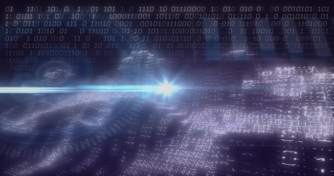 Shining light beam glowing through digital network, with binary digits and holographic code planes