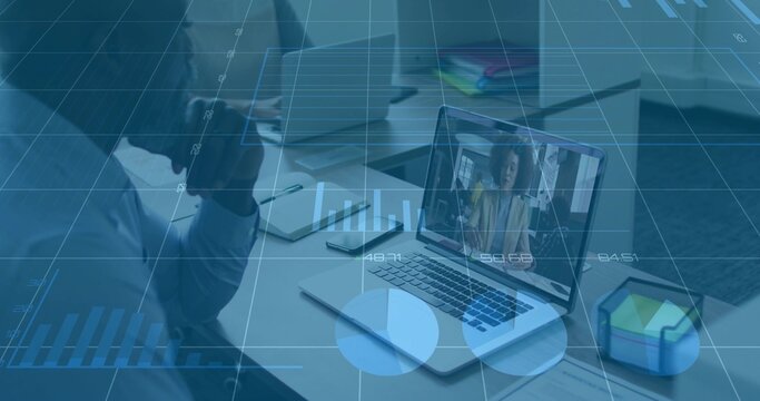 Joining online call man holding mug on laptop at desk, tracking data charts, copy space - Powered by Adobe