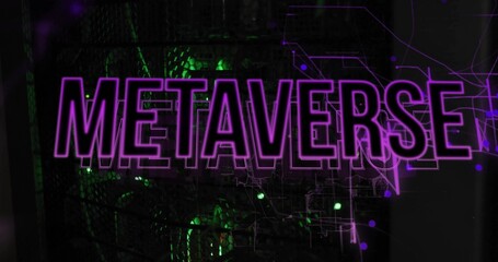 Shimmering bold METAVERSE text pulsing across virtual circuit mesh, glowing green network nodes