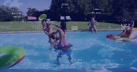 Naklejka premium Playing group of six friends tossing multicolored beach ball in backyard pool, with inflatables