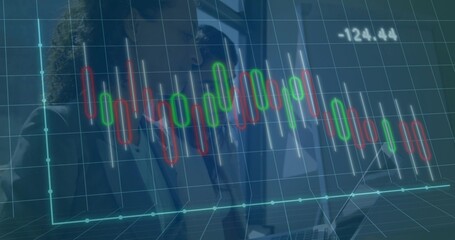 Analyzing women in suits examining 3D candlestick chart in office overlooking skyline with laptop