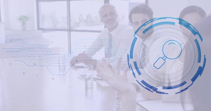 Discussing four professionals in business suits reviewing papers in meeting room, with laptop, HUD