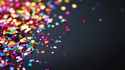 Colorful confetti scattered on dark surface
