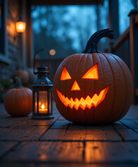 Obraz premium Glowing Festive Halloween Porch with Warm Orange Pumpkin Jack-O'-Lantern