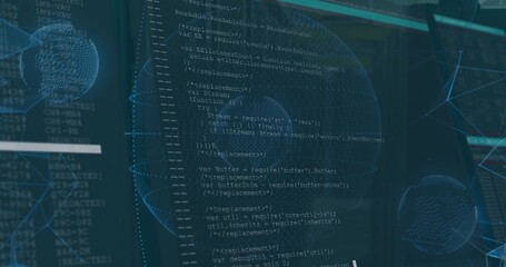 Displaying central code editor showing JavaScript variables in tech space, with 3D wireframe globes
