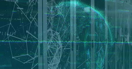 Presenting glowing data globe with network nodes in data center, showing LED server rack indicators