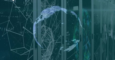 Displaying holographic digital globe overlaying server racks at data center, with network nodes