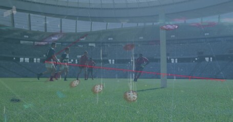 Standing rugby players wearing jerseys on stadium grass pitch, with goalposts, virus particles