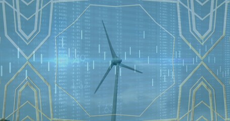 Showing wind turbine standing under cloudy sky, with numerical tables, chart lines, polygon frames