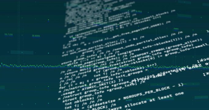 Stylized code blocks floating in data space with numeric labels, dotted line graphs, grid overlays