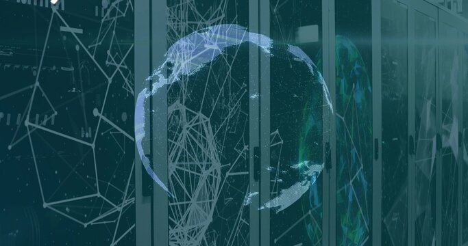 Displaying holographic digital globe overlaying server racks at data center, with network nodes - Powered by Adobe
